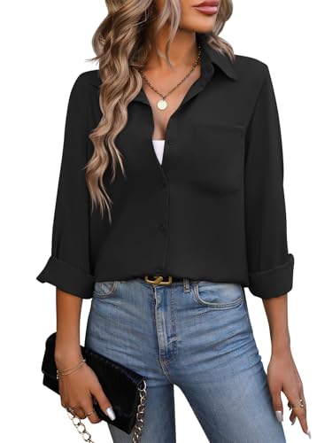 LEKOPUR Bluse Damen Langarm Damenblusen Sommer Longbluse Modern Blusenshirt Schwarze Hemd Musselin Blusen Oberteile Elegant V Ausschnitt Hemdbluse Tuniken Business Outfit von LEKOPUR