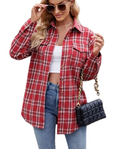 LEKOPUR Bluse Damen Langarm Karierte Damenblusen Sommer Herbst Blusenshirt Hemd Oberteil V Ausschnitt Damenbluse Trachtenbluse Damen Kariert Hemdbluse Musselin Blusen Tunika Shirt von LEKOPUR
