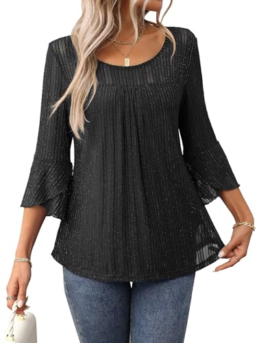 LEKOPUR Bluse Damen Sommer 3/4 Arm Elegant Glitzer Oberteile Festliche Oberteil für Party Outfit Tunika Damenblusen Schwarz von LEKOPUR