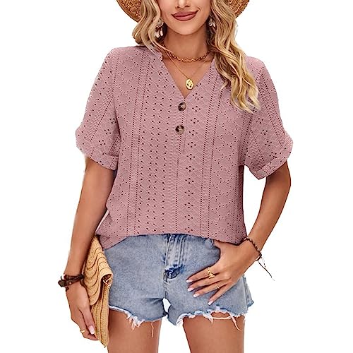 LEKOPUR Bluse Damen Sommer Kurzarm Tunika Shirt V Ausschnitt Damen Oberteile Frühling Elegant Sommerblusen Casual Lochmuster Blusenshirt Herbst Tshirt Top von LEKOPUR