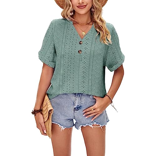 LEKOPUR Bluse Damen Sommer Kurzarm Tunika Shirt V Ausschnitt Damen Oberteile Frühling Elegant Sommerblusen Casual Lochmuster Blusenshirt Herbst Tshirt Top von LEKOPUR