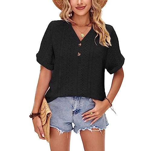 LEKOPUR Bluse Damen Sommer Kurzarm Tunika Shirt V Ausschnitt Damen Oberteile Frühling Elegant Sommerblusen Casual Lochmuster Blusenshirt Herbst Tshirt Top von LEKOPUR