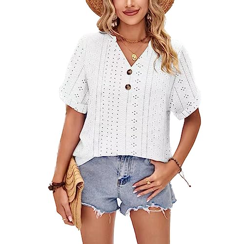 LEKOPUR Bluse Damen Sommer Kurzarm Tunika Shirt V Ausschnitt Damen Oberteile Frühling Elegant Sommerblusen Casual Lochmuster Blusenshirt Herbst Tshirt Top von LEKOPUR