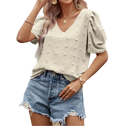 LEKOPUR Bluse Damen Sommer Kurzarm Tunika V-Ausschnitt Chiffon Shirt Swiss Dot Oberteile Frühling Elegant Sommerblusen Casual Blusenshirt Herbst Tshirt Top Beige von LEKOPUR