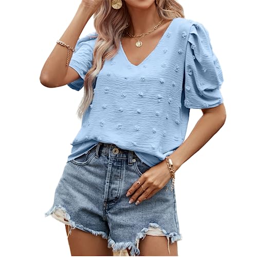 LEKOPUR Bluse Damen Sommer Kurzarm Tunika V-Ausschnitt Chiffon Shirt Swiss Dot Oberteile Frühling Elegant Sommerblusen Casual Blusenshirt Herbst Tshirt Top Hellblau von LEKOPUR