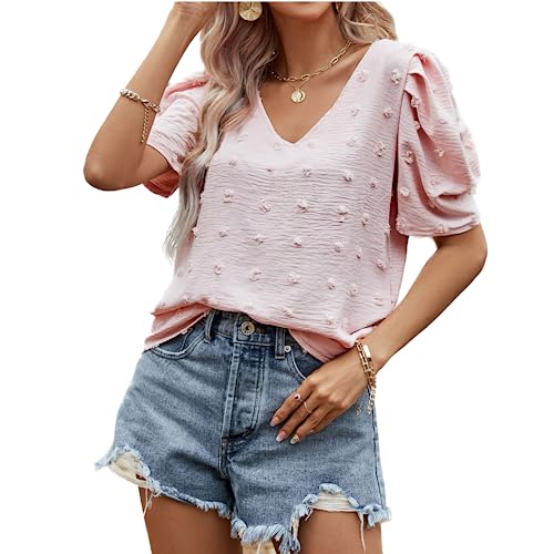 LEKOPUR Bluse Damen Sommer Kurzarm Tunika V-Ausschnitt Chiffon Shirt Swiss Dot Oberteile Frühling Elegant Sommerblusen Casual Blusenshirt Herbst Tshirt Top Rosa von LEKOPUR