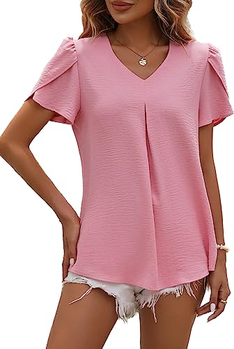 LEKOPUR Bluse Damen Sommer Kurzarm Tunika V-Ausschnitt Shirt Einfarbig Chiffon Oberteile Frühling Elegant Sommerblusen Casual Blusenshirt Tshirt Top Altrosa von LEKOPUR