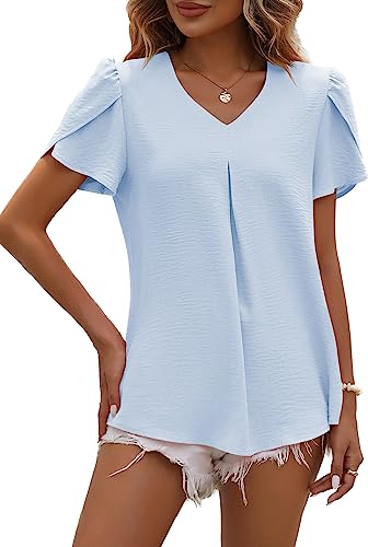 LEKOPUR Bluse Damen Sommer Kurzarm Tunika V-Ausschnitt Shirt Einfarbig Chiffon Oberteile Frühling Elegant Sommerblusen Casual Blusenshirt Tshirt Top Hellblau von LEKOPUR