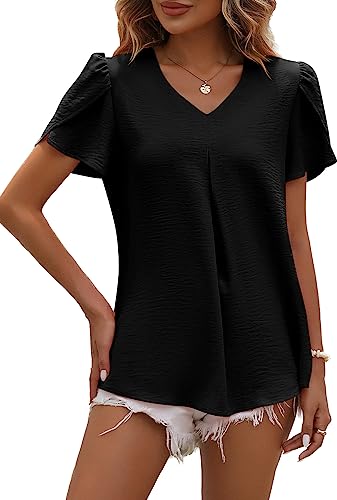 LEKOPUR Bluse Damen Sommer Kurzarm Tunika V-Ausschnitt Shirt Einfarbig Chiffon Oberteile Frühling Elegant Sommerblusen Casual Blusenshirt Tshirt Top Schwarz von LEKOPUR