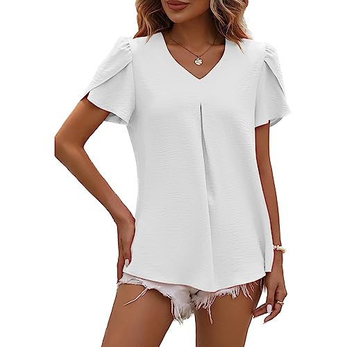 LEKOPUR Bluse Damen Sommer Kurzarm Tunika V-Ausschnitt Shirt Einfarbig Chiffon Oberteile Frühling Elegant Sommerblusen Casual Blusenshirt Tshirt Top Weiß von LEKOPUR