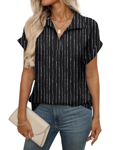 LEKOPUR Bluse Schwarz Damen Chiffon Kurzarm - Elegant V-Ausschnitt Festliche Oberteil für Party Outfit Tunika Streifen Damenblusen Sommer von LEKOPUR