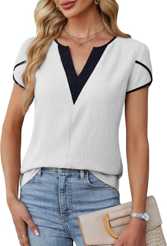 LEKOPUR Bluse Weiß Damen Kurzarm Shirt Blusen Elegant Farbblock V-Ausschnitt Sommer Oberteil für Party Outfit Tunika Damenblusen von LEKOPUR