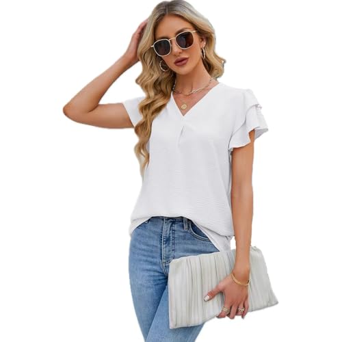 LEKOPUR Bluse Weiß Damen Kurzarm Shirt Blusen Elegant V-Ausschnitt Sommer Oberteil für Party Outfit Tunika Damenblusen von LEKOPUR