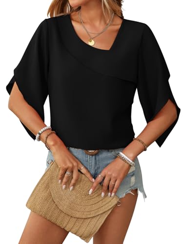LEKOPUR Chiffon Bluse Schwarz Damen 3/4 Ärmel - Schickes V-Neck Oberteil Elegant Festliche Oberteile Party Outfit von LEKOPUR