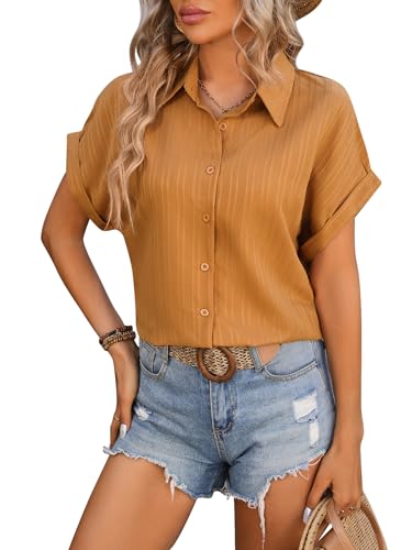 LEKOPUR Damen Bluse Hellbraun Kurzarm Damenbluse Sommer Hemd Oberteil V Ausschnitt Damenblusen Casual Streifen Hemdbluse Musselin Blusen mit Kragen Tunika Shirt Tops von LEKOPUR