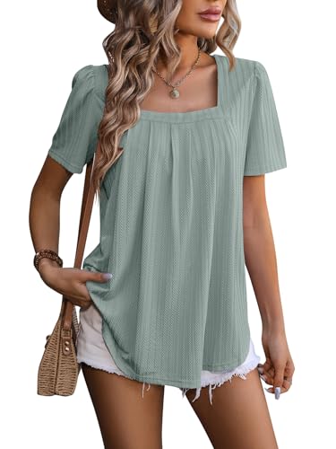 LEKOPUR Damen Sommer Bluse Kurzarm Tunika Elegant Long Shirt Oberteile Bluse mit Gummizug Sommerblusen Casual Blusenshirt Tshirt Damen Grün von LEKOPUR