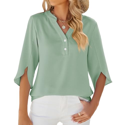 LEKOPUR Grün Bluse Damen Festliche Oberteile Tunika 3/4 Arm Damenblusen Chiffon Musselin Bluse Einfarbig Frühling Herbst Blusenshirt Flowy Sommerbluse von LEKOPUR