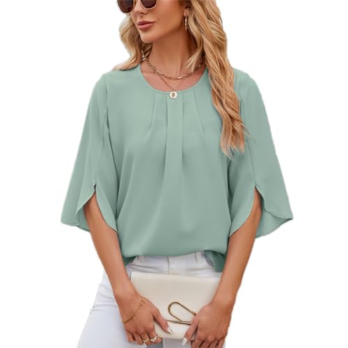 LEKOPUR Grün Oberteil Damen Elegant 3/4 Arm Bluse Tunika Chiffon Damenblusen Oberteile Einfarbig Frühling Herbst Blusenshirt Flowy Sommerbluse von LEKOPUR