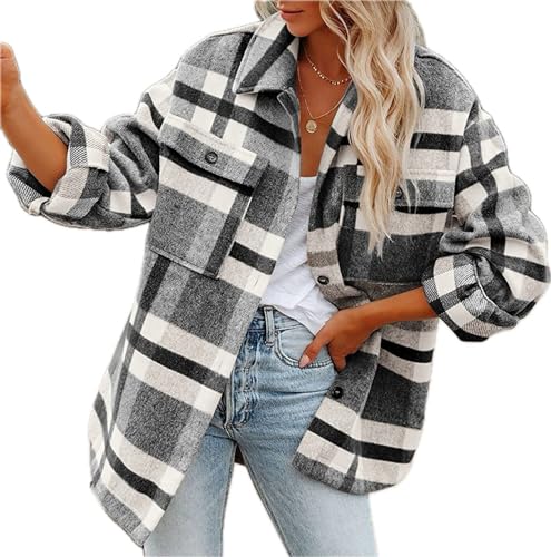 LEKOPUR Hemdjacke Damen Kariertes Holzfällerhemd Shacket Mantel Jacke Herbst Winter Hemdjacke Flanellhemd Karierte Hemd Bluse von LEKOPUR