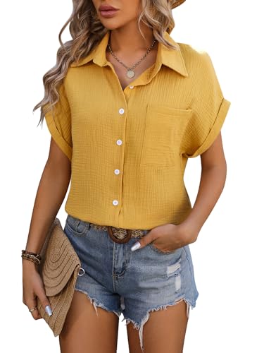 LEKOPUR Musselin Bluse Damen Kurzarm Damenblusen Elegant Sommer Blusenshirt Gelb Hemd Damen Blusen Oberteile V Ausschnitt Hemdbluse Tunika von LEKOPUR