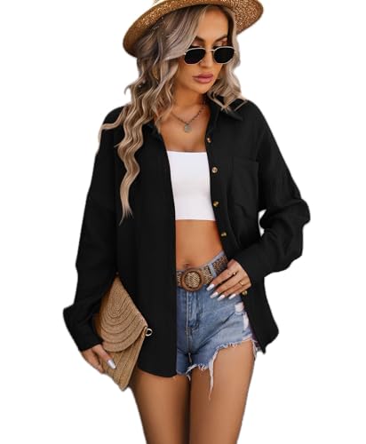 LEKOPUR Musselin Bluse Damen Langarm Damenblusen Elegant Sommer Longbluse Modern Blusenshirt Schwarze Hemd Blusen Oberteile V Ausschnitt Hemdbluse Tuniken von LEKOPUR