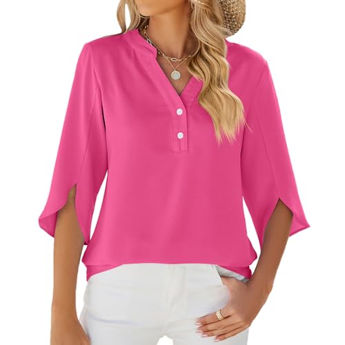 LEKOPUR Pinkes Bluse Damen Festliche Oberteile Tunika 3/4 Arm Damenblusen Chiffon Musselin Bluse Einfarbig Frühling Herbst Blusenshirt Flowy Sommerbluse LEKOPUR Pinkes Bluse Damen Festliche Oberteile Tunika 3/4 Arm Damenblusen Chiffon Musselin Bluse Einfarbig Frühling Herbst Blusenshirt Flowy Sommerbluse von LEKOPUR