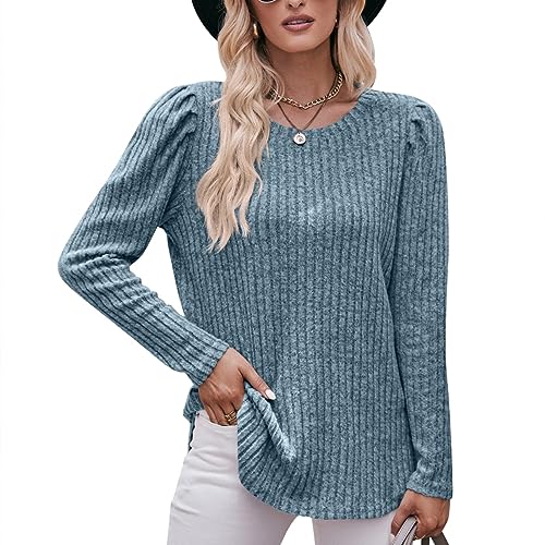 LEKOPUR Pullover Damen Elegant Strickpullover Warm Puffärmel Hoodie Sweatshirts Damen Langarm Tops, Rundhals Langarmshirt Basic Shirt Oberteile Locker Pulli Damen Herbst Winterpullover Blau von LEKOPUR