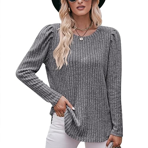 LEKOPUR Pullover Damen Elegant Strickpullover Warm Puffärmel Hoodie Sweatshirts Damen Langarm Tops, Rundhals Langarmshirt Basic Shirt Oberteile Locker Pulli Damen Herbst Winterpullover Grau von LEKOPUR