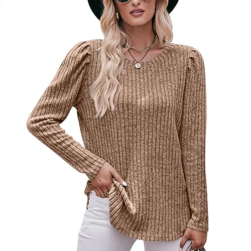 LEKOPUR Pullover Damen Elegant Strickpullover Warm Puffärmel Hoodie Sweatshirts Damen Langarm Tops, Rundhals Langarmshirt Basic Shirt Oberteile Locker Pulli Herbst Winterpullover Braun von LEKOPUR