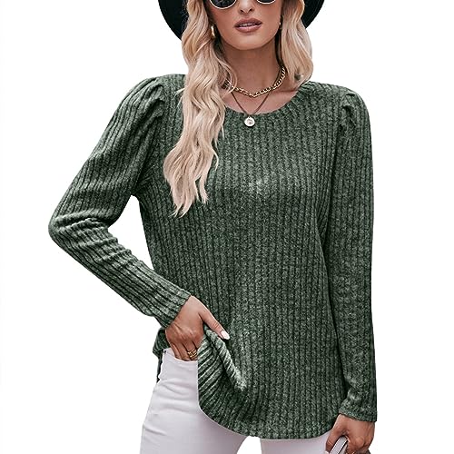 LEKOPUR Pullover Damen Elegant Strickpullover Warm Puffärmel Hoodie Sweatshirts Damen Langarm Tops, Rundhals Langarmshirt Basic Shirt Oberteile Locker Pulli Herbst Winterpullover Dunkelgrün von LEKOPUR