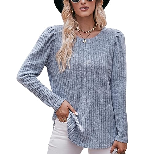 LEKOPUR Pullover Damen Elegant Strickpullover Warm Puffärmel Hoodie Sweatshirts Damen Langarm Tops, Rundhals Langarmshirt Basic Shirt Oberteile Locker Pulli Herbst Winterpullover Hellblau von LEKOPUR