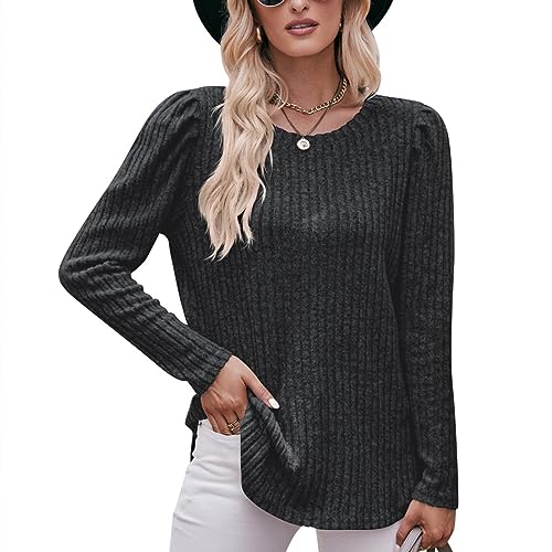 LEKOPUR Pullover Damen Elegant Strickpullover Warm Puffärmel Hoodie Sweatshirts Damen Langarm Tops, Rundhals Langarmshirt Basic Shirt Oberteile Locker Pulli Herbst Winterpullover Schwarz von LEKOPUR