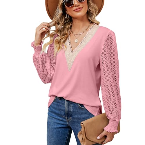 LEKOPUR Rosa Bluse Damen Elegant V Ausschnitt Tunika Spitze Langarm Blusenshirt Festliche Oberteil T Shirt Einfarbig Blusen & Tuniken für Damen von LEKOPUR