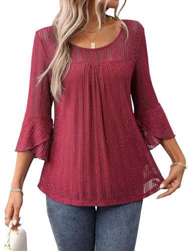 LEKOPUR Bluse Damen Sommer 3/4 Arm Elegant Glitzer Oberteile Festliche Oberteil für Party Outfit Tunika Damenblusen Rotwein von LEKOPUR