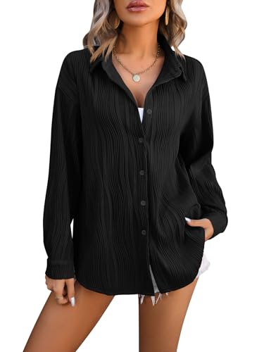 LEKOPUR Schwarze Bluse Damen Elegant V Ausschnitt Hemd Tunika Langarm Welle Ringelshirt Damenblusen Festliche Oberteile Einfarbig Button Down Blusenshirt Longbluse von LEKOPUR