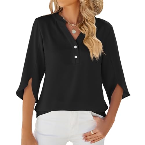 LEKOPUR Schwarze Bluse Damen Festliche Oberteile Tunika 3/4 Arm Damenblusen Chiffon Musselin Bluse Einfarbig Frühling Herbst Blusenshirt Flowy Sommerbluse von LEKOPUR