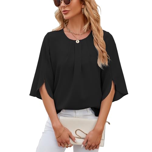 LEKOPUR Schwarze Oberteil Damen Elegant 3/4 Arm Bluse Tunika Chiffon Damenblusen Oberteile Einfarbig Frühling Herbst Blusenshirt Flowy Sommerbluse von LEKOPUR