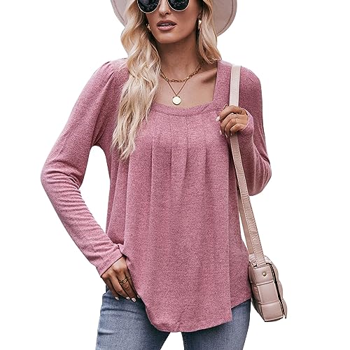 LEKOPUR Damen Tshirt Langarm Shirt V Ausschnitt Oberteile, Langarmshirt Damen Bluse Herbst Outfit Elegant Longshirt, Basic T Shirt Damen Rosa,Casual Longsleeve Frauen Pullover Tops von LEKOPUR