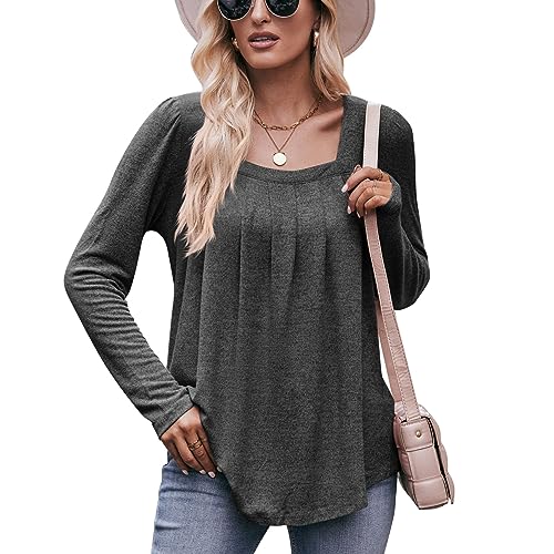 LEKOPUR T Shirt Oberteile Damen Elegant Grau Sweatshirt Damen ohne Kapuze Pullover V Ausschnitt Longshirt Basic Shirt Gestreift Langarmshirt Casual Pulli Langarm Plissierte Tops Frauen von LEKOPUR