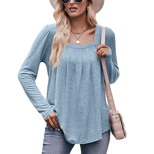 LEKOPUR Tshirt Oberteile Damen Elegant Hellblau Sweatshirt Damen ohne Kapuze Pullover V Ausschnitt Longshirt Basic Shirt Gestreift Langarmshirt Casual Pulli Langarm Plissierte Tops Frauen von LEKOPUR