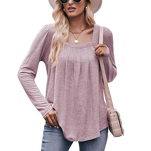 LEKOPUR Damen Tshirt Langarm Shirt V Ausschnitt Oberteile, Langarmshirt Damen Bluse Herbst Outfit Elegant Longshirt, Basic T Shirt Damen Lila,Casual Longsleeve Frauen Pullover Tops von LEKOPUR