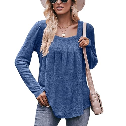 LEKOPUR T Shirt Oberteile Damen Elegant Navy blau Sweatshirt Damen ohne Kapuze Pullover V Ausschnitt Longshirt Basic Shirt Gestreift Langarmshirt Casual Pulli Langarm Plissierte Tops Frauen von LEKOPUR