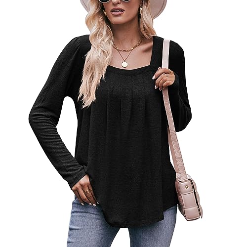 LEKOPUR Damen Tshirt Langarm Shirt V Ausschnitt Oberteile, Langarmshirt Damen Bluse Herbst Outfit Elegant Longshirt, Basic T Shirt Damen Schwarz,Casual Longsleeve Frauen Pullover Tops von LEKOPUR