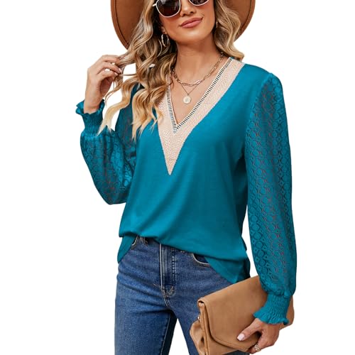 LEKOPUR Türkis Bluse Damen Elegant V Ausschnitt Tunika Spitze Langarm Blusenshirt Festliche Oberteil T Shirt Einfarbig Blusen & Tuniken für Damen von LEKOPUR