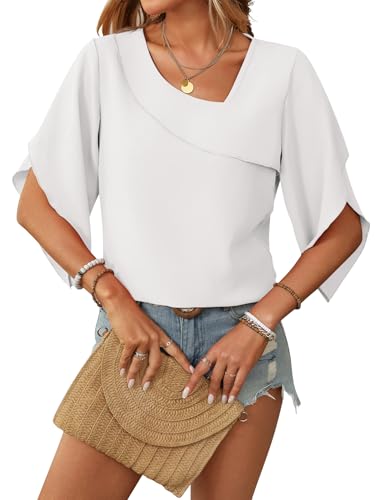 LEKOPUR Weiße Bluse Damen Chiffon 3/4 Arm - Elegant V-Ausschnitt Festliche Oberteil für Party Outfit Tunika Damenblusen von LEKOPUR
