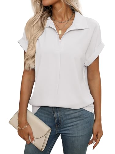 LEKOPUR Weiße Bluse Damen Chiffon Kurzarm - Elegant V-Ausschnitt Festliche Oberteil für Party Outfit Tunika Damenblusen Sommer von LEKOPUR