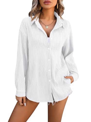 LEKOPUR Weiße Bluse Damen Elegant V Ausschnitt Hemd Tunika Langarm Welle Ringelshirt Damenblusen Festliche Oberteile Einfarbig Button Down Blusenshirt Longbluse von LEKOPUR