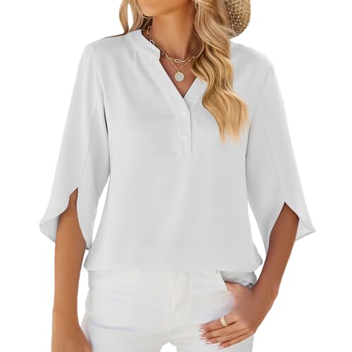 LEKOPUR Weiße Bluse Damen Festliche Oberteile Tunika 3/4 Arm Damenblusen Chiffon Musselin Bluse Einfarbig Frühling Herbst Blusenshirt Flowy Sommerbluse von LEKOPUR