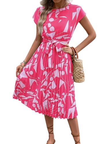 Elegantes Sommerkleid Damen Kurzarm Leichtes Lang Kleid Mit Twist Rüschenkleid Boho A-Linie Kleid Lässiges Dress (Rosa,M) von LELEKALE
