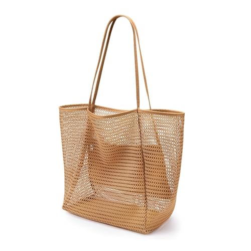 Große Strandtasche DamenNetztasche Strand Mit Reißverschluss Innentasche Beach Tote Bags Large Foldable Mesh Swimming Pool Travel Strand Familie Shopper Reise Bags (Khaki,37 x 35 x 16cm) von LELEKALE